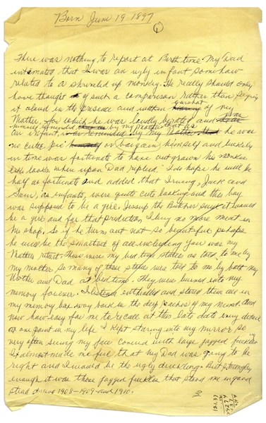 Moe Howard's Handwritten Manuscript Page When Writing His Autobiography -- Moe Tells of His Birth, With His Dad Commenting He Looks Like a ''shriveled up monkey'' -- Single 8'' x 12.5'' Page
